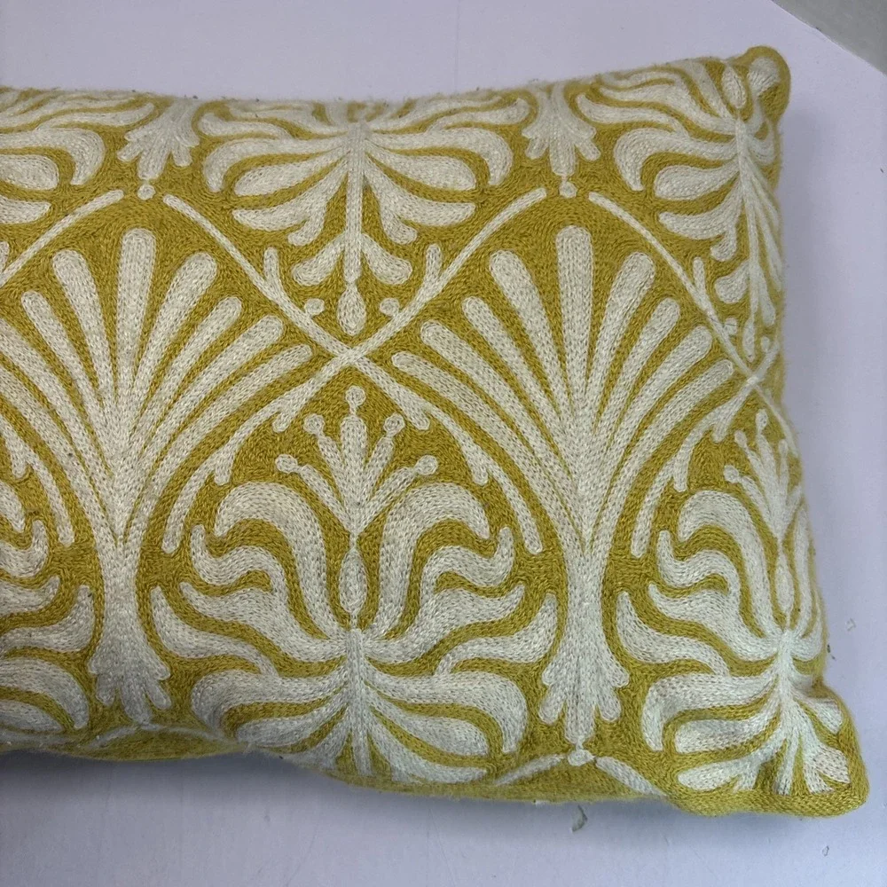 PIER 1 Pillow Gold Malaysian Palma Pattern Embroidered Lumbar Throw Accent 19x12